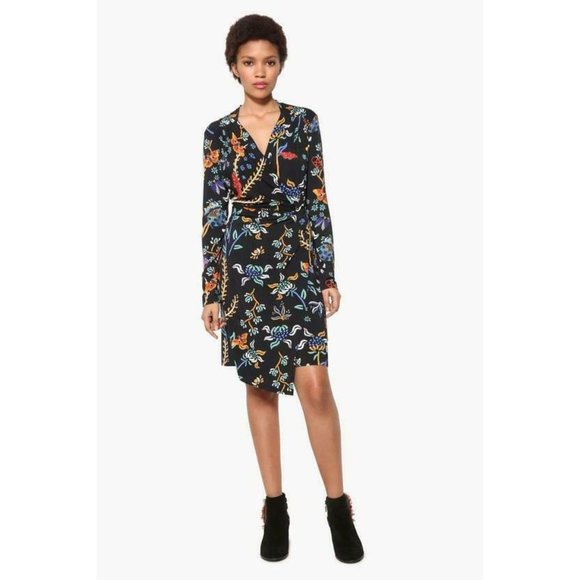 Desigual Bridie Womens L Floral Mock Wrap Dress Black Rayon Spandex Long Sleeve - Picture 1 of 10